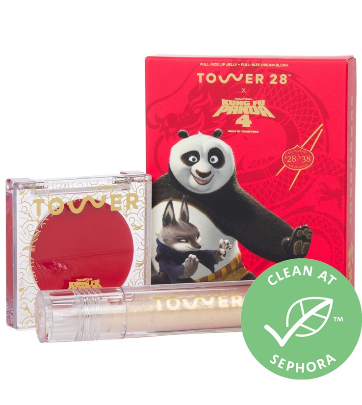Набор из кремовых румян и блеска для губ Tower 28 x Kung Fu Panda 4